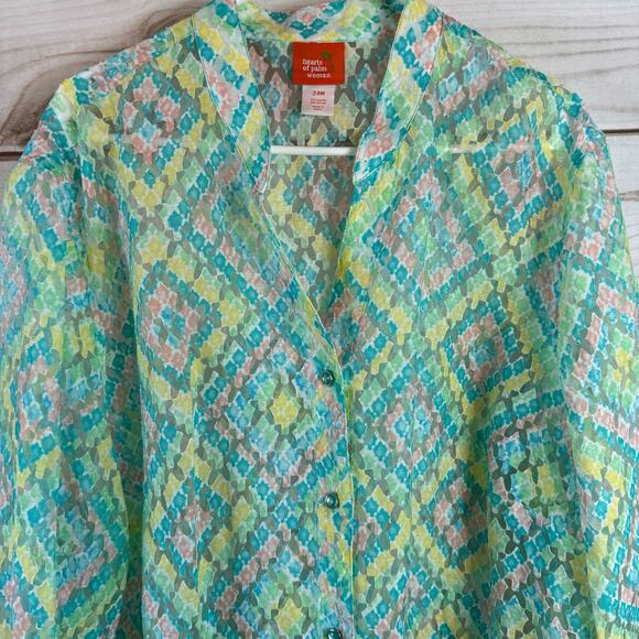 Hearts of Palm Woman Multicolor Semi Sheer Button Up Blouse Rise 24W - Picture 2 of 6